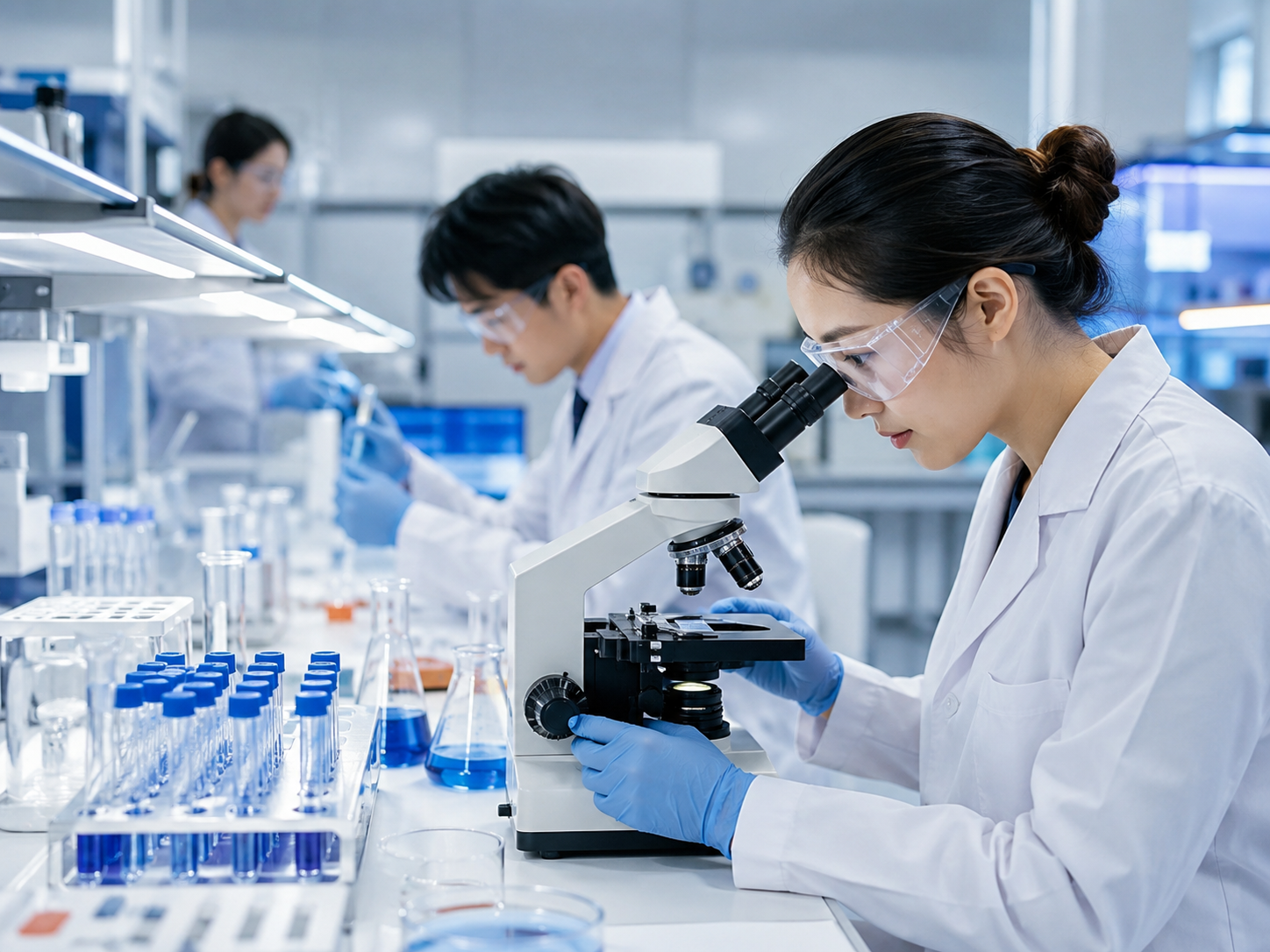 Veterinary and animal health laboratory technician using a microscope