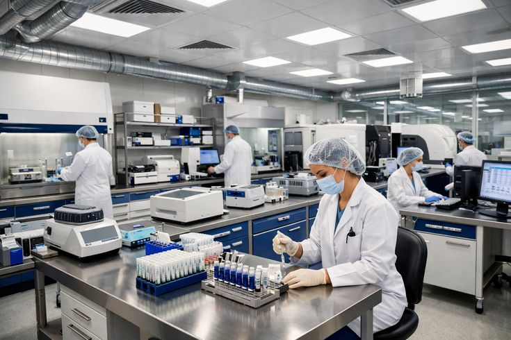 General testing and calibration laboratory with technicians at workstations