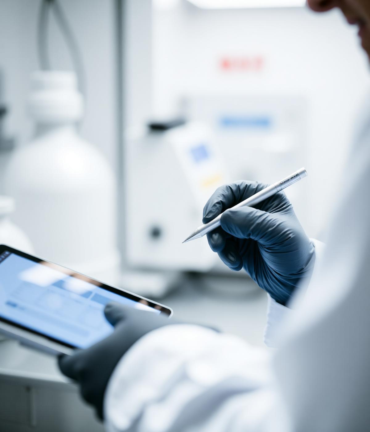 Lab technician reviewing electronic records on a tablet